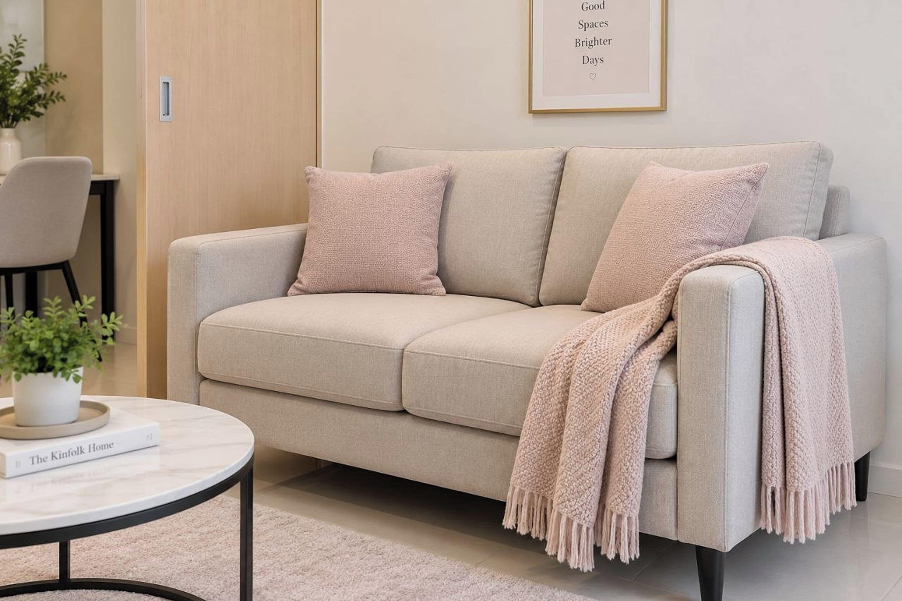 A neutral-toned sofa with a throw blanket, a small round table with a book, and a framed inspirational quote on the wall.
