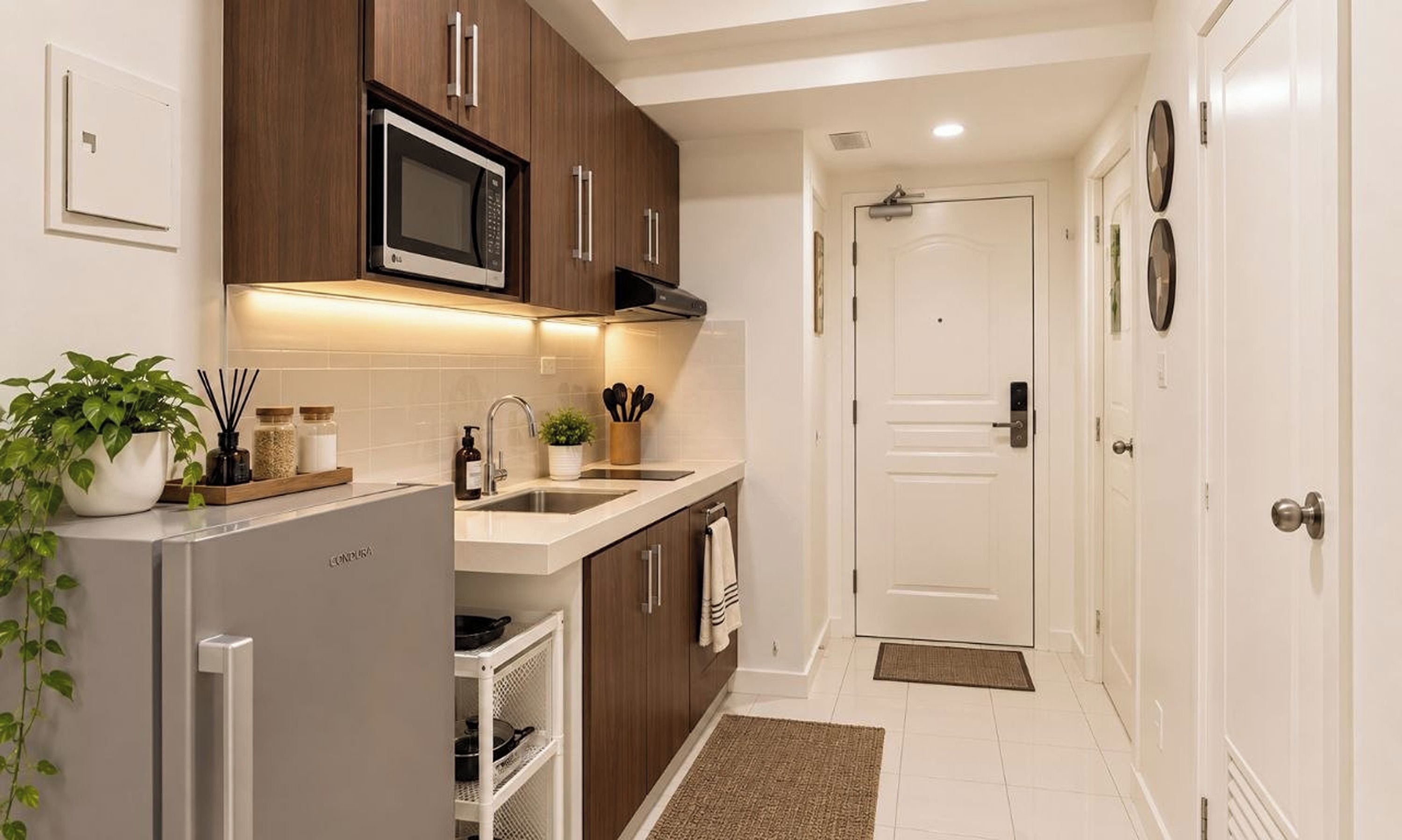 A modern kitchen with a built-in microwave, stainless steel sink, and wooden cabinets.