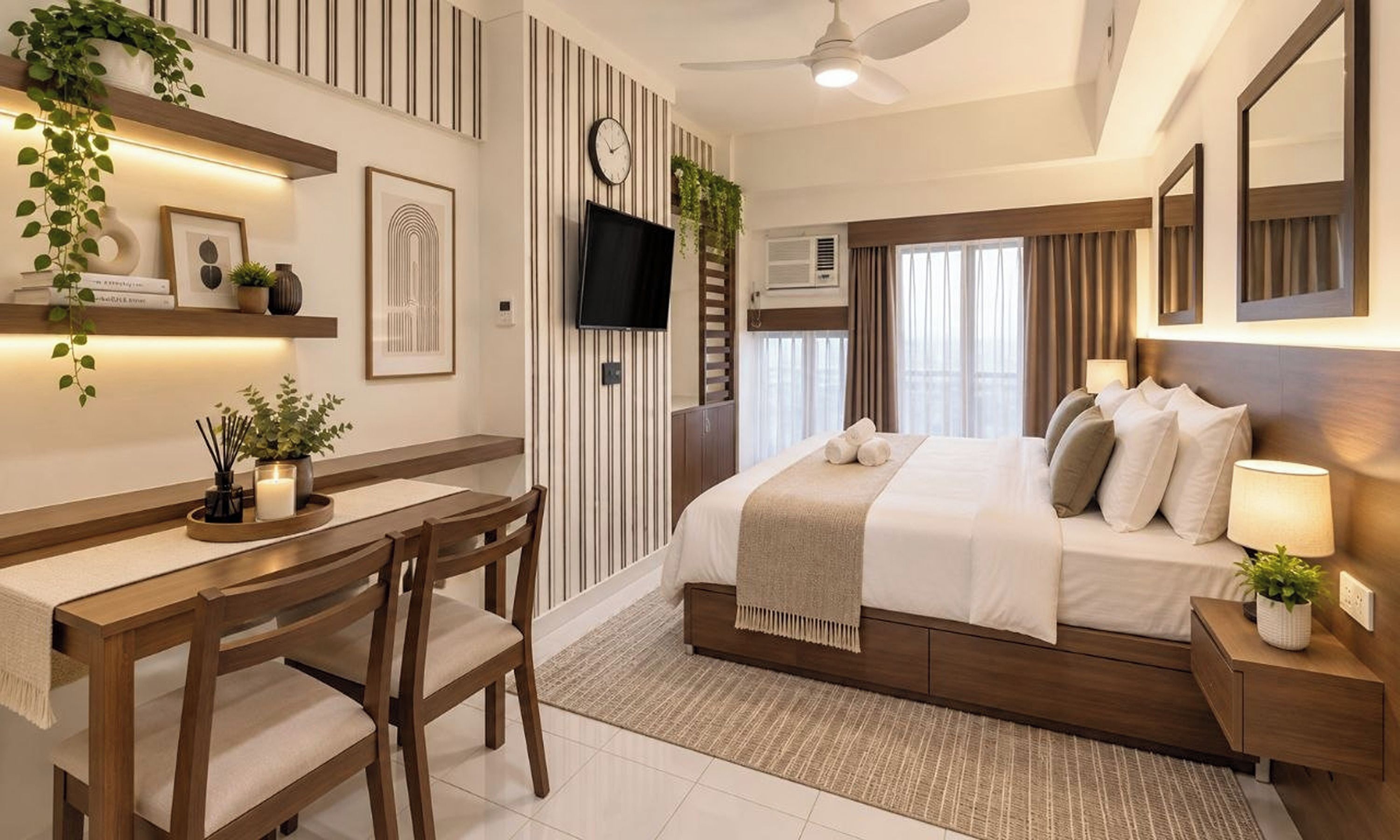 A modern hotel room with a bed, bedside tables, a desk, and chairs.