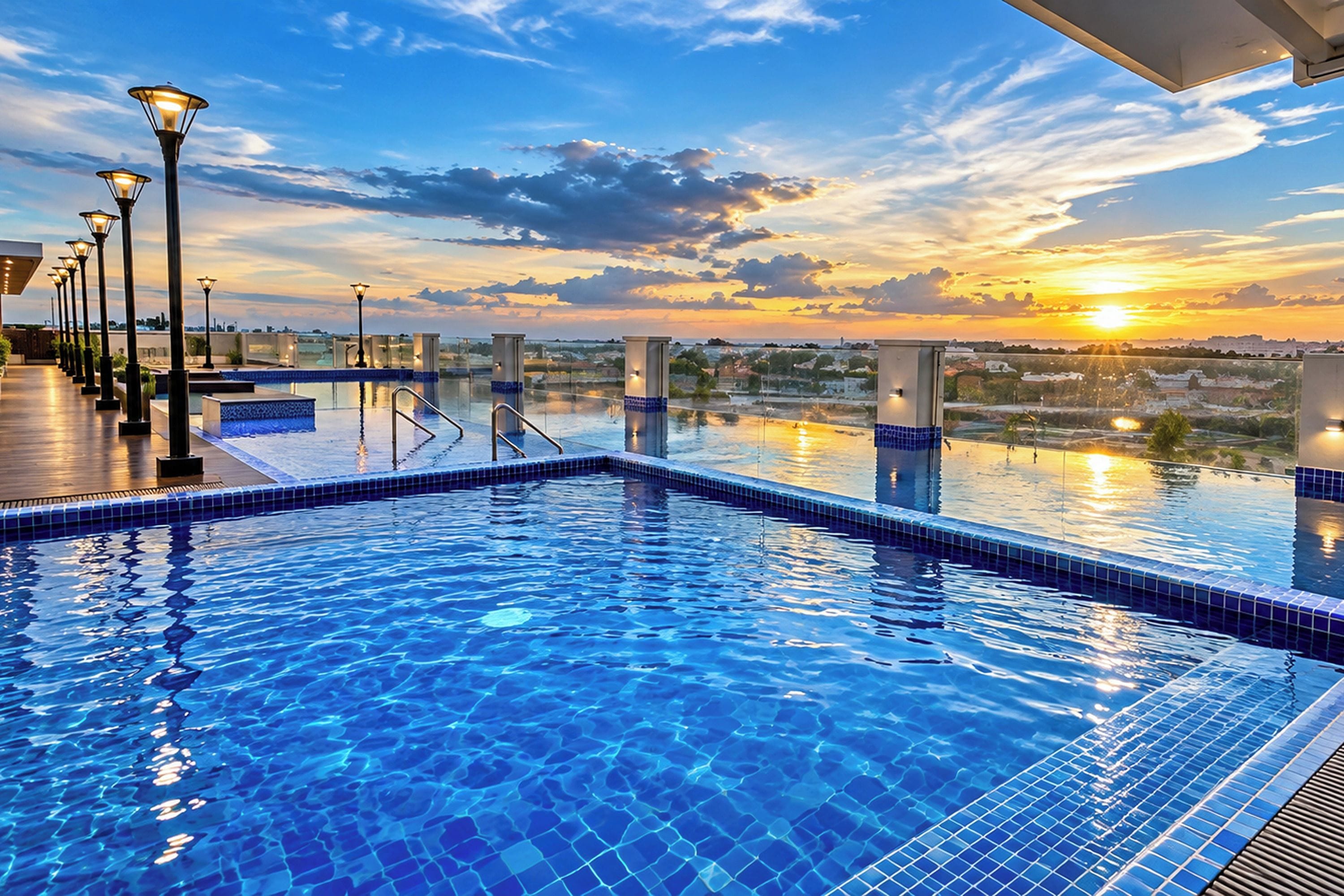 An infinity pool with clear blue water, surrounded by a deck with black lampposts, and a sunset view in the background.
