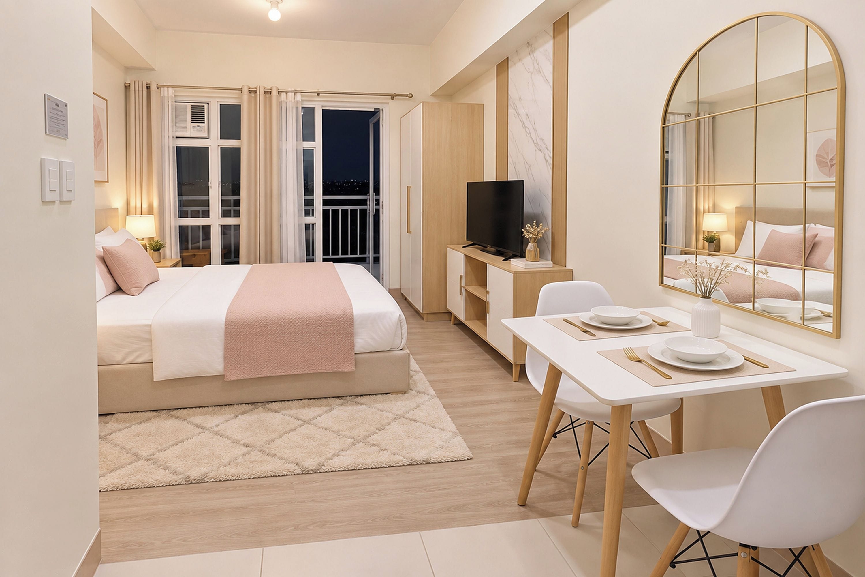 A hotel room with a bed, a TV, a dining table with chairs, and a large mirror.