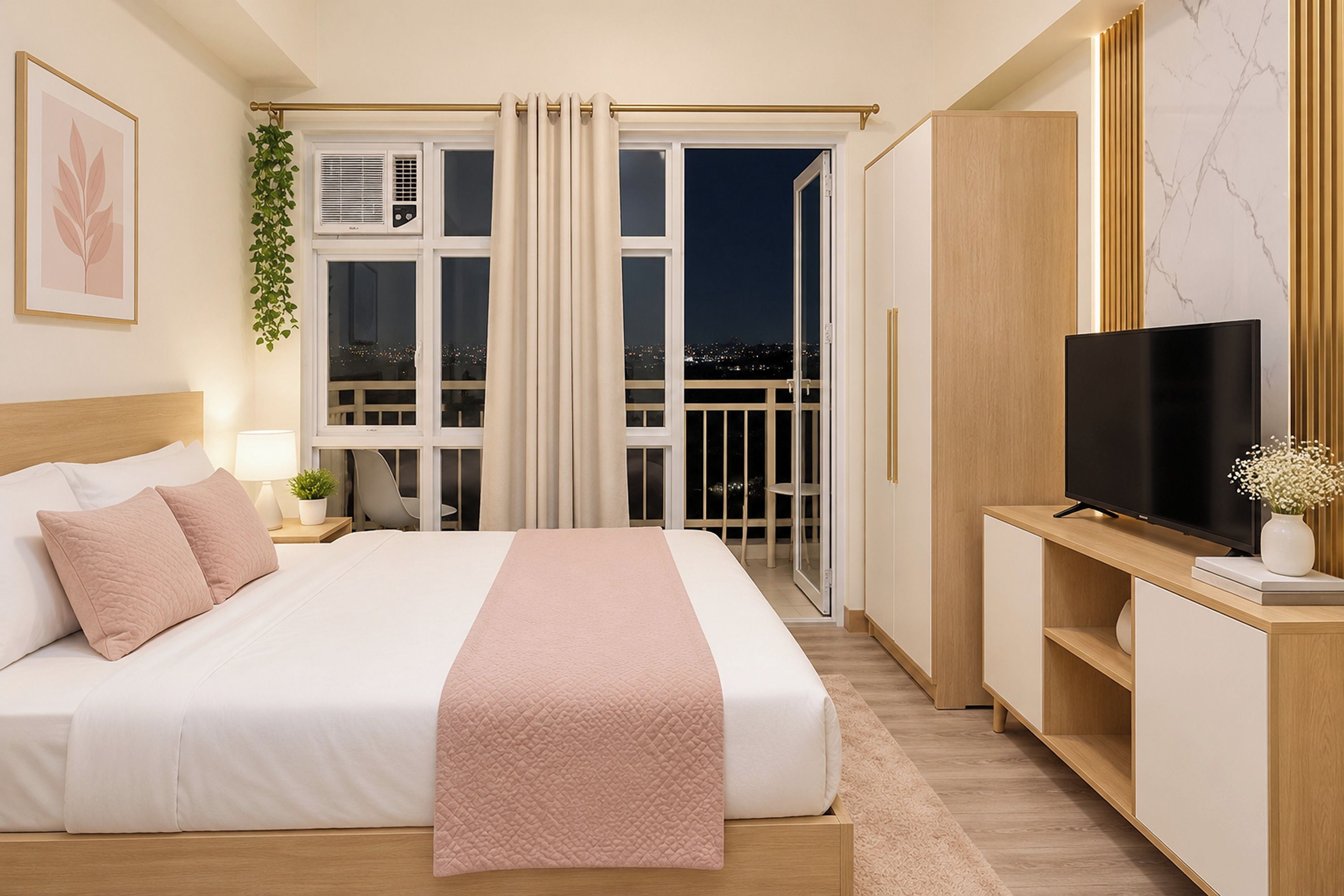 Un dormitorio con una cama, un televisor, una planta y vista a la ciudad de noche.