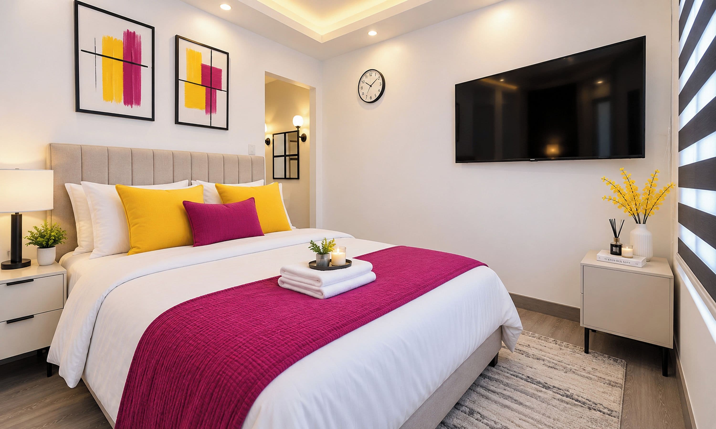 Ein modernes Hotelzimmer mit Bett, Nachttischen, einem Flachbildfernseher und Kunstwerken an den Wänden.