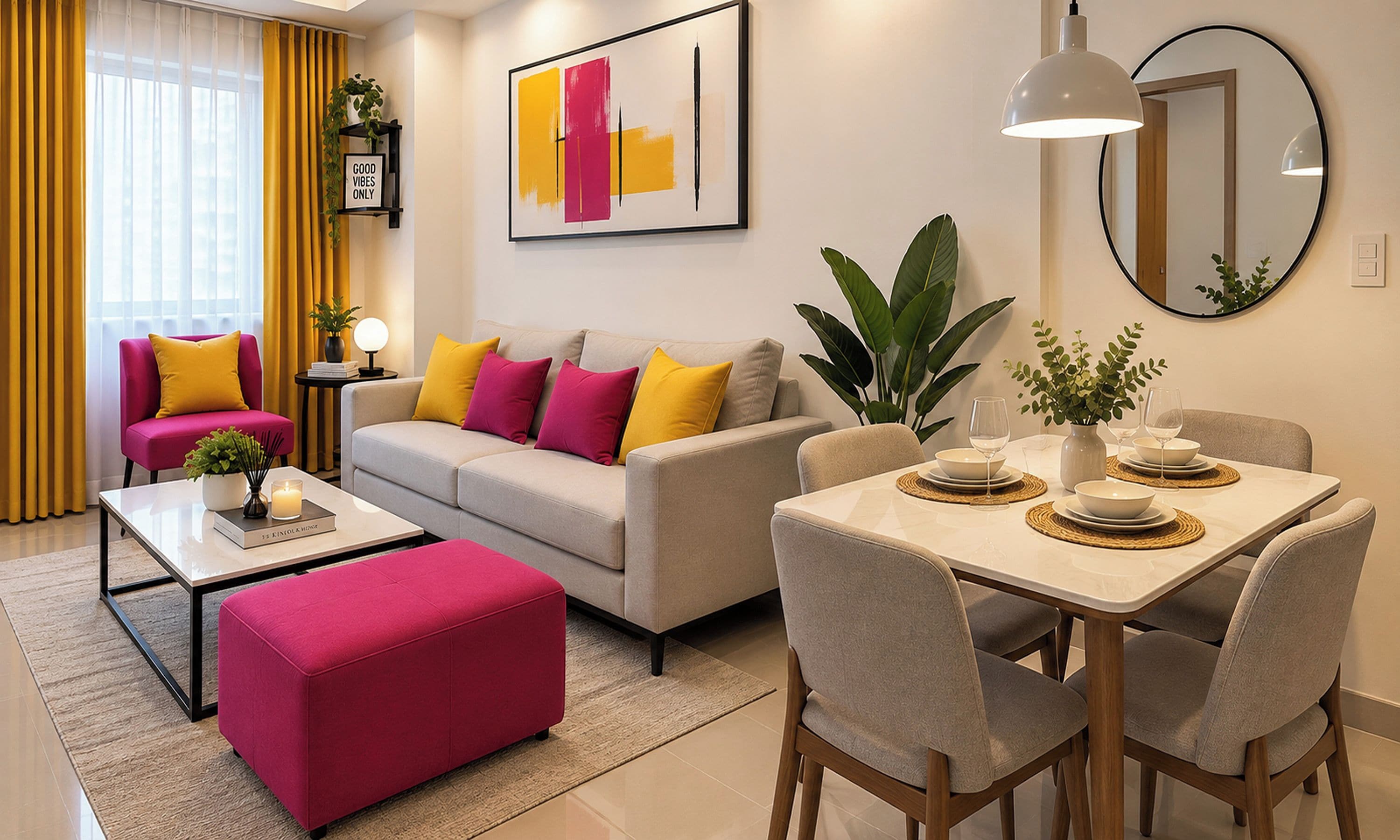 A modern living room with a sofa, ottoman, coffee table, and dining table set up with chairs.