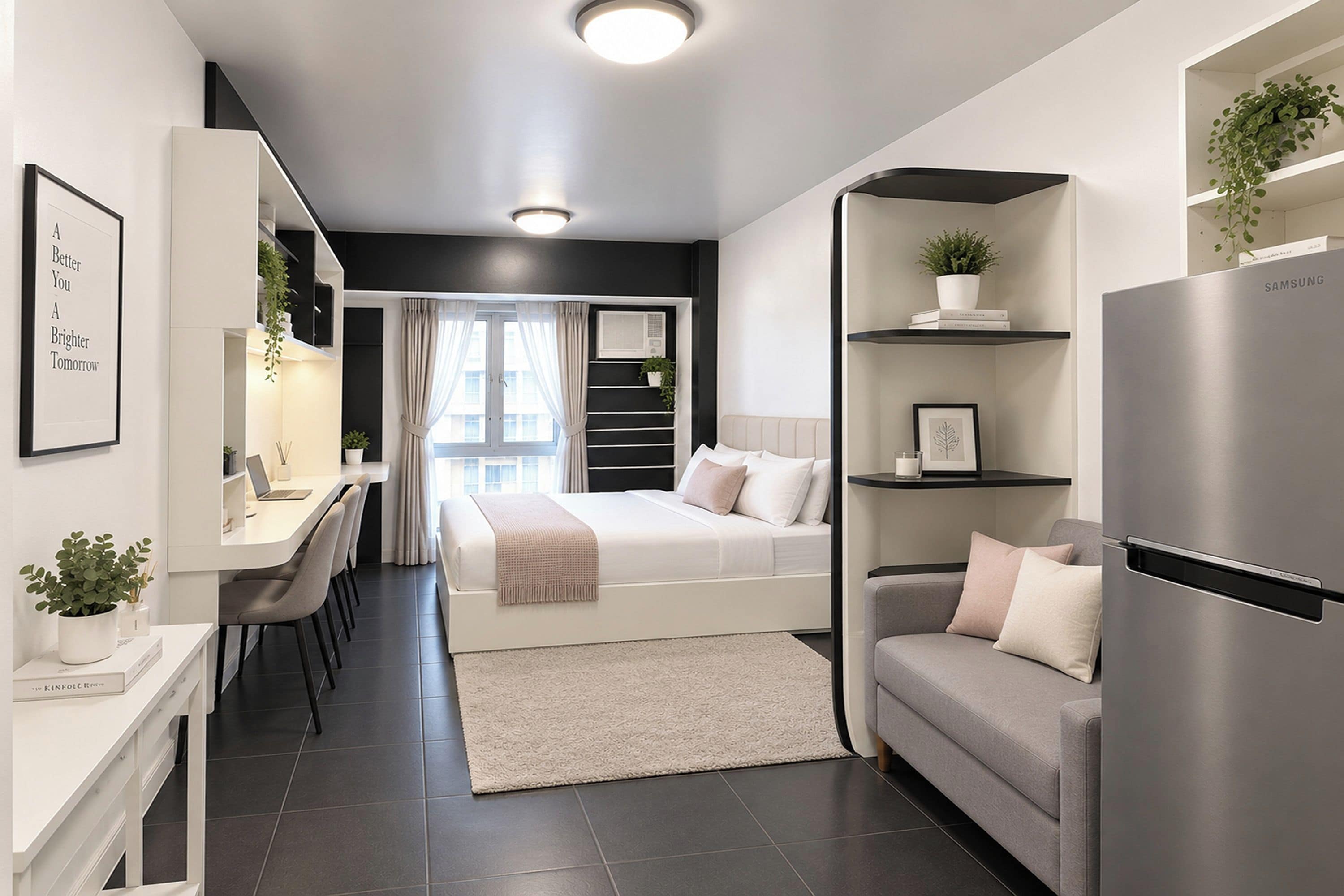 A modern, compact bedroom with a bed, bedside tables, a desk, and a built-in wardrobe.