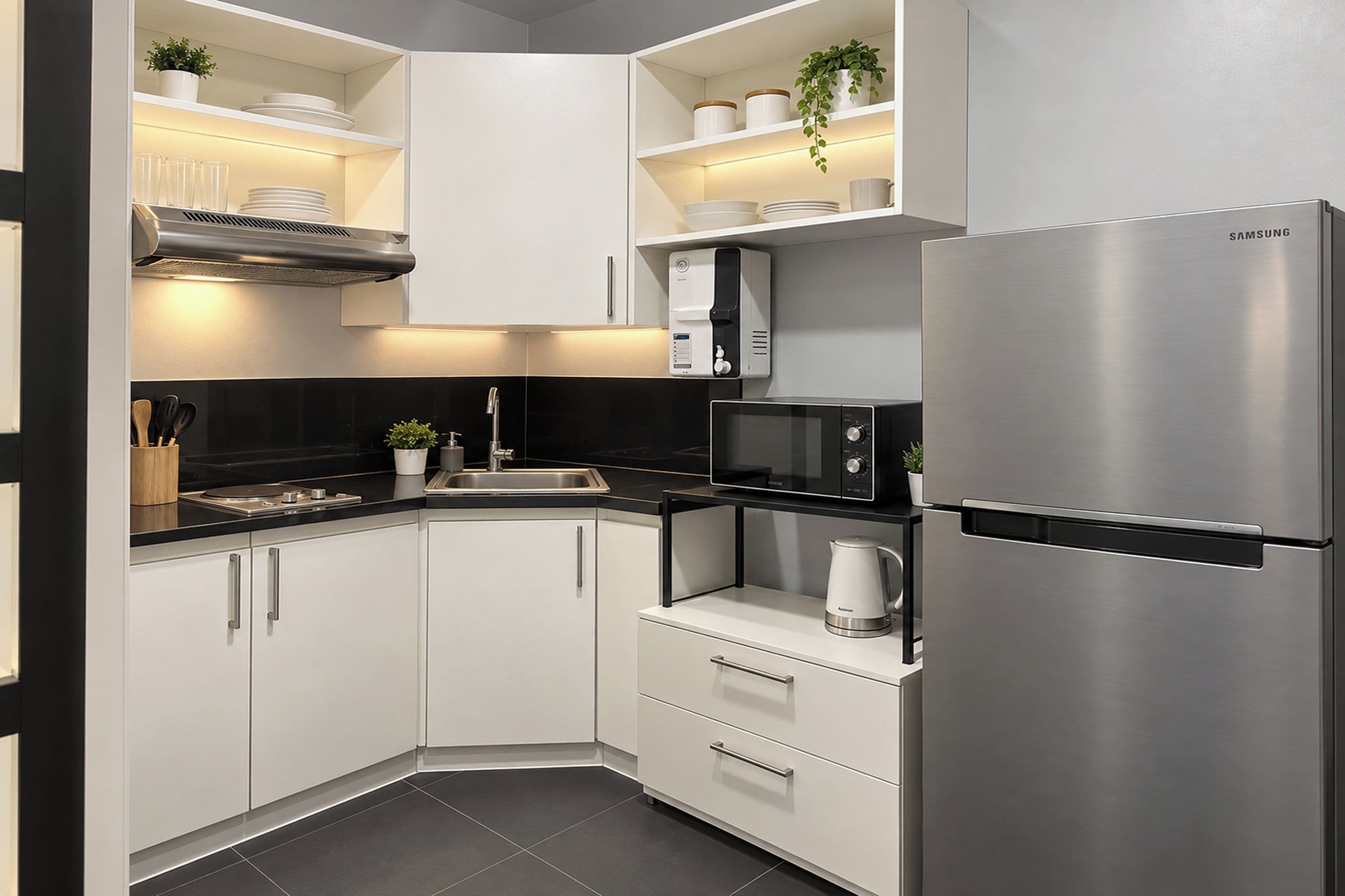 A modern kitchen with white cabinets, a stainless steel refrigerator, a microwave, and a kettle.