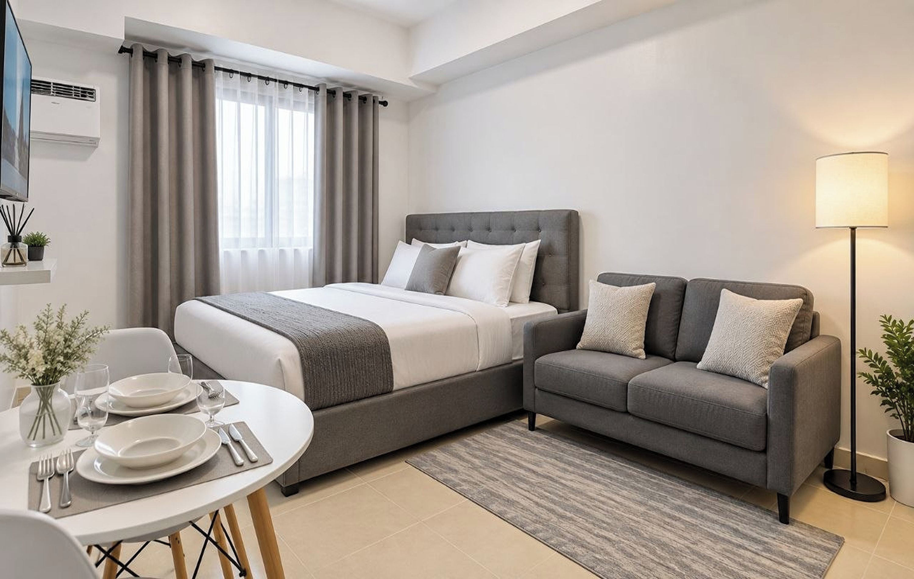 A hotel room with a bed, a sofa, a dining table set for two, and a lamp.