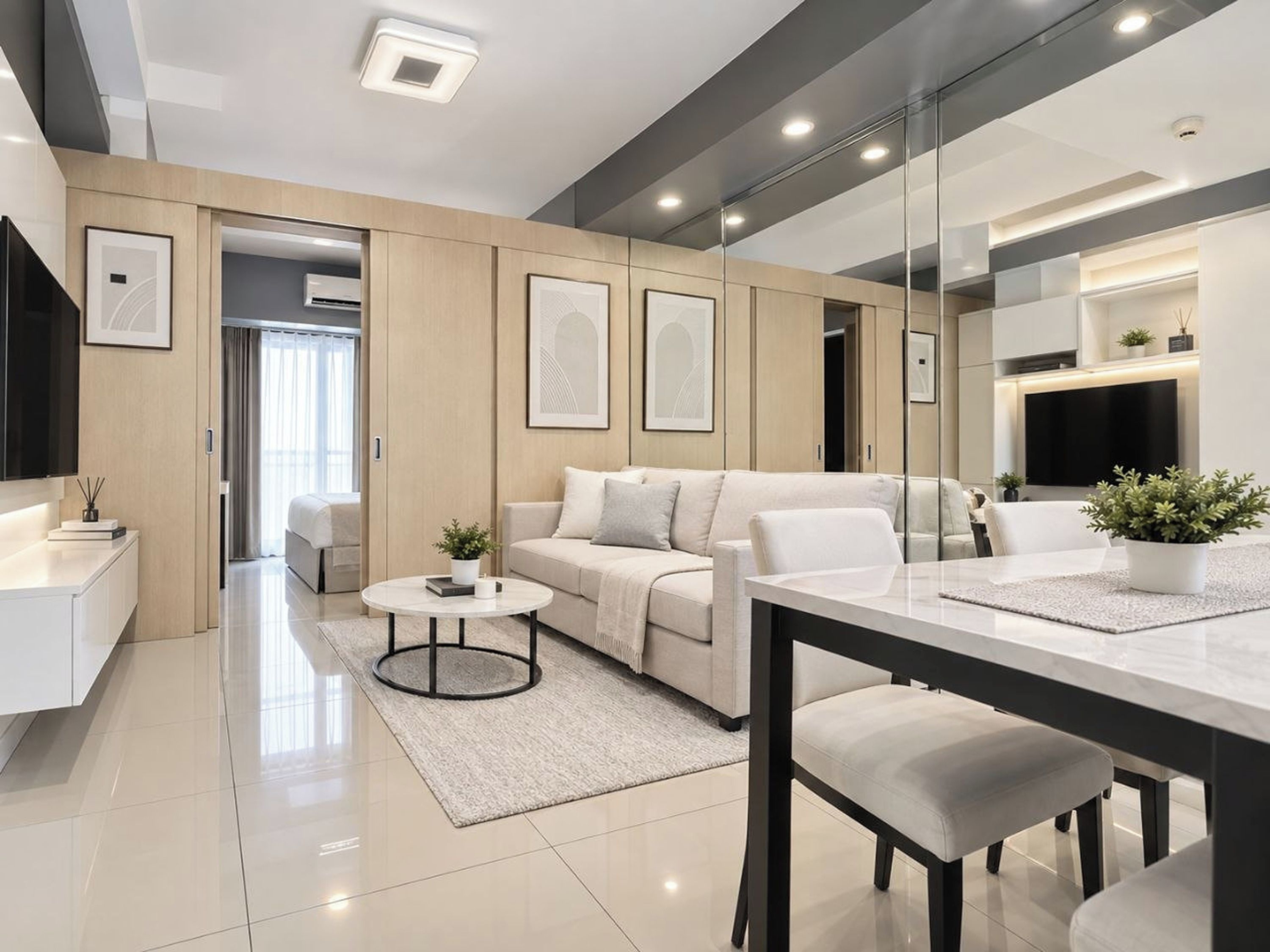 A modern hotel room with a sofa, a dining table, a TV, and a large mirror.