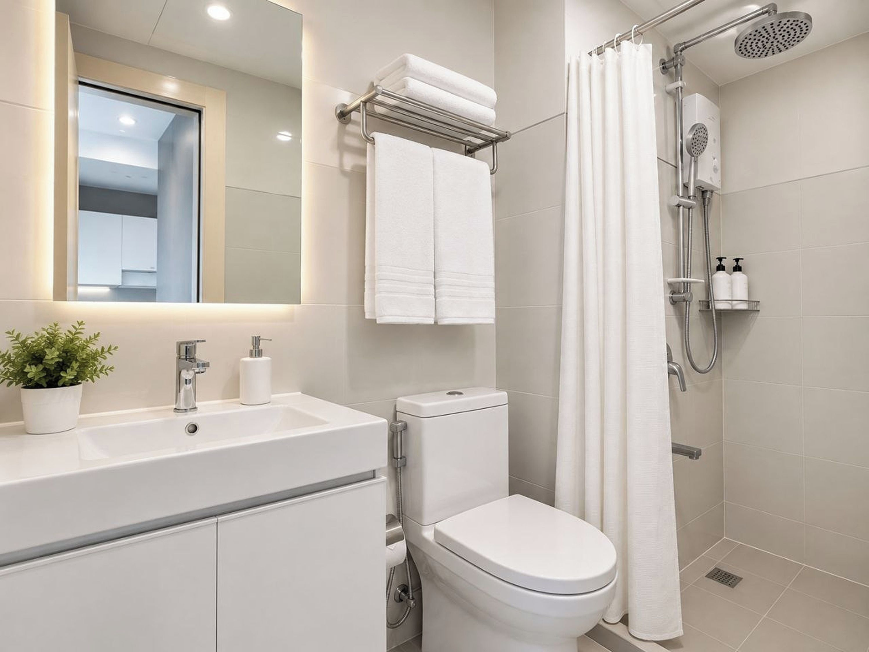 A modern bathroom with a toilet, sink, and shower.