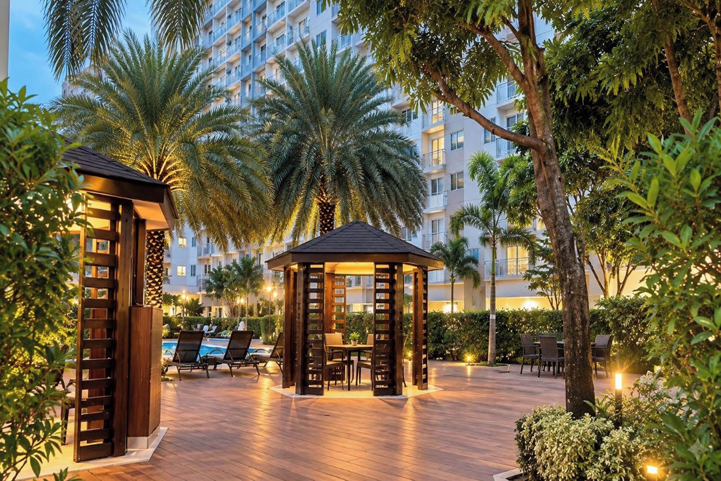 A courtyard with a gazebo, lounge chairs, and a pool.