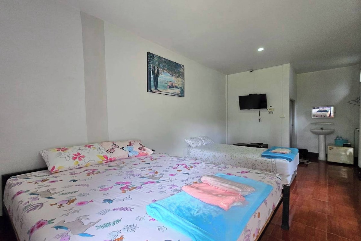 Una habitación de hotel con dos camas, un cuadro en la pared, un televisor y un lavamanos.