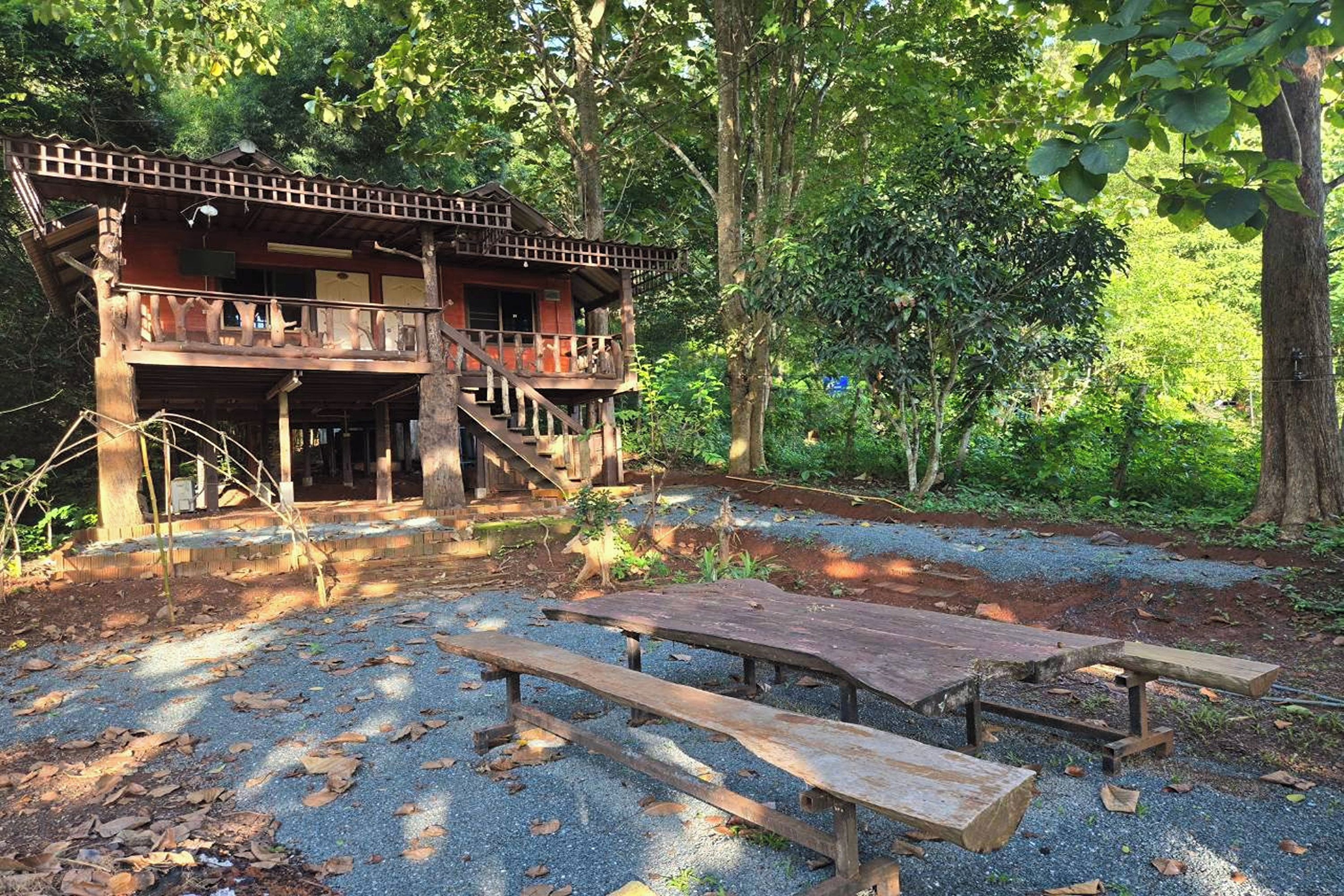 Eine rustikale Holzhütte mit Balkon, umgeben von Bäumen und Kies.