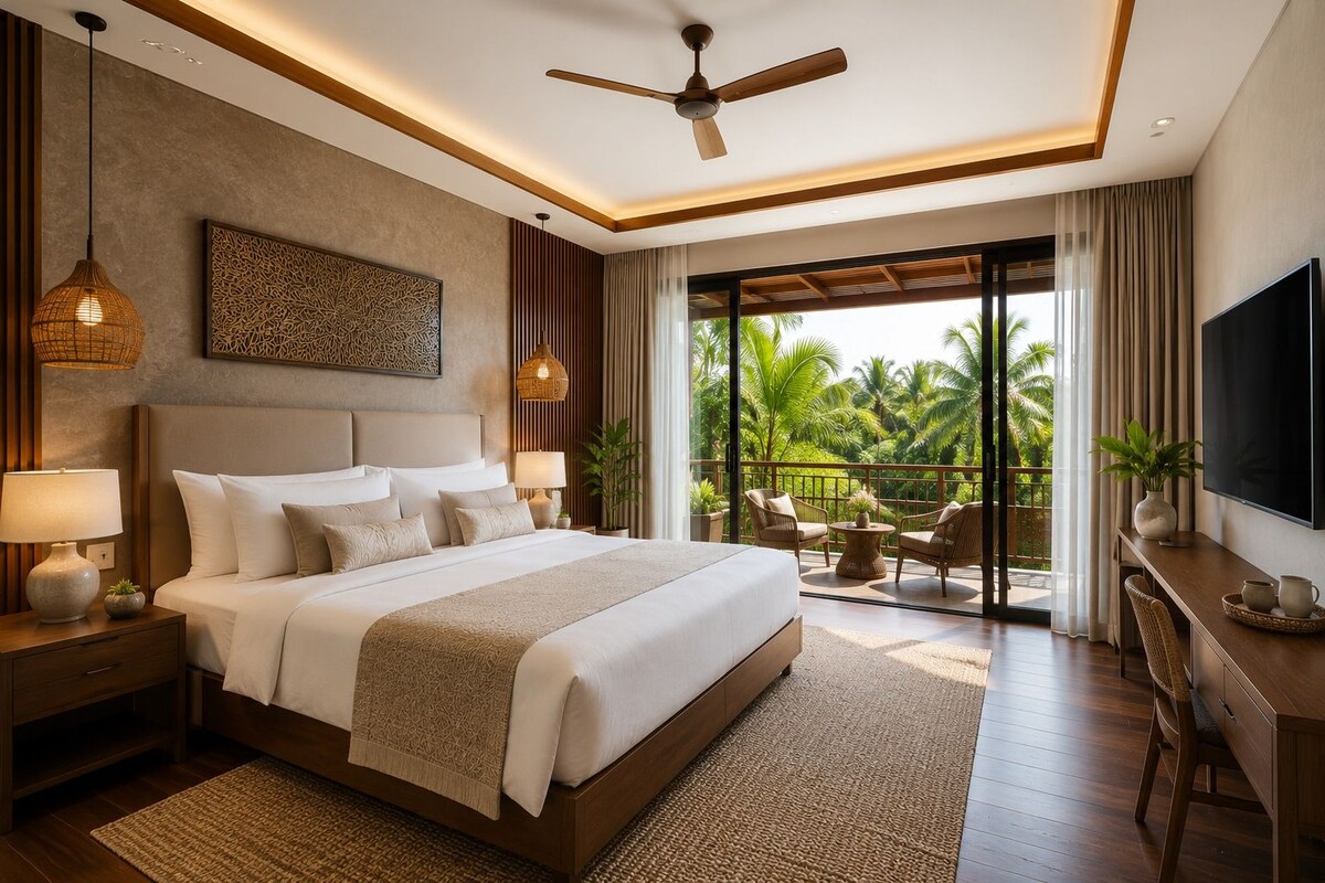 A modern hotel room with a large bed, a ceiling fan, a TV, and a balcony with a view of palm trees.
