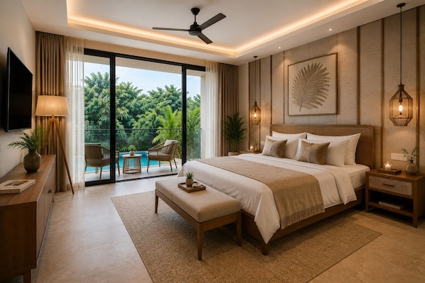 A bedroom with a large bed, a TV, a desk, a balcony with a pool, and a ceiling fan. - Dancenter Hill View, Ooty (Ooty)