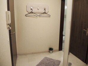 A hallway with a door, a coat rack, a small potted plant, and a rug on the floor. - Attico Luciana by Interhome (Minusio)