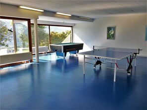 Ein Zimmer mit Billardtisch, Pooltisch und einem großen Fenster mit Blick ins Grüne.
