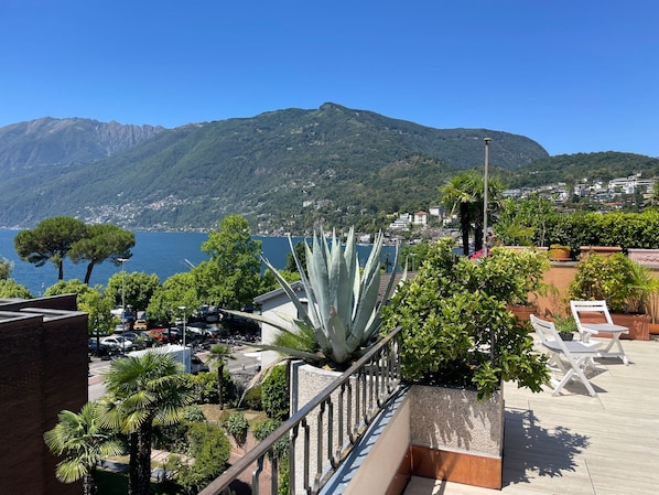 Una terrazza panoramica sul tetto con vista mare e montagne, con una grande pianta di agave, posti a sedere all'aperto e un'area parcheggio.