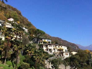 Una zona residencial en una ladera con edificios de varios pisos, abundante vegetación y un cielo azul despejado.