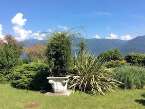 A garden with a stone fountain, various plants, and a mountainous backdrop. - Aphrodite by Interhome (Brissago)