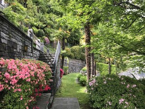 A garden with a stone wall, a pathway, and various plants and flowers. - Al Pendio by Interhome (Ronco sopra Ascona)