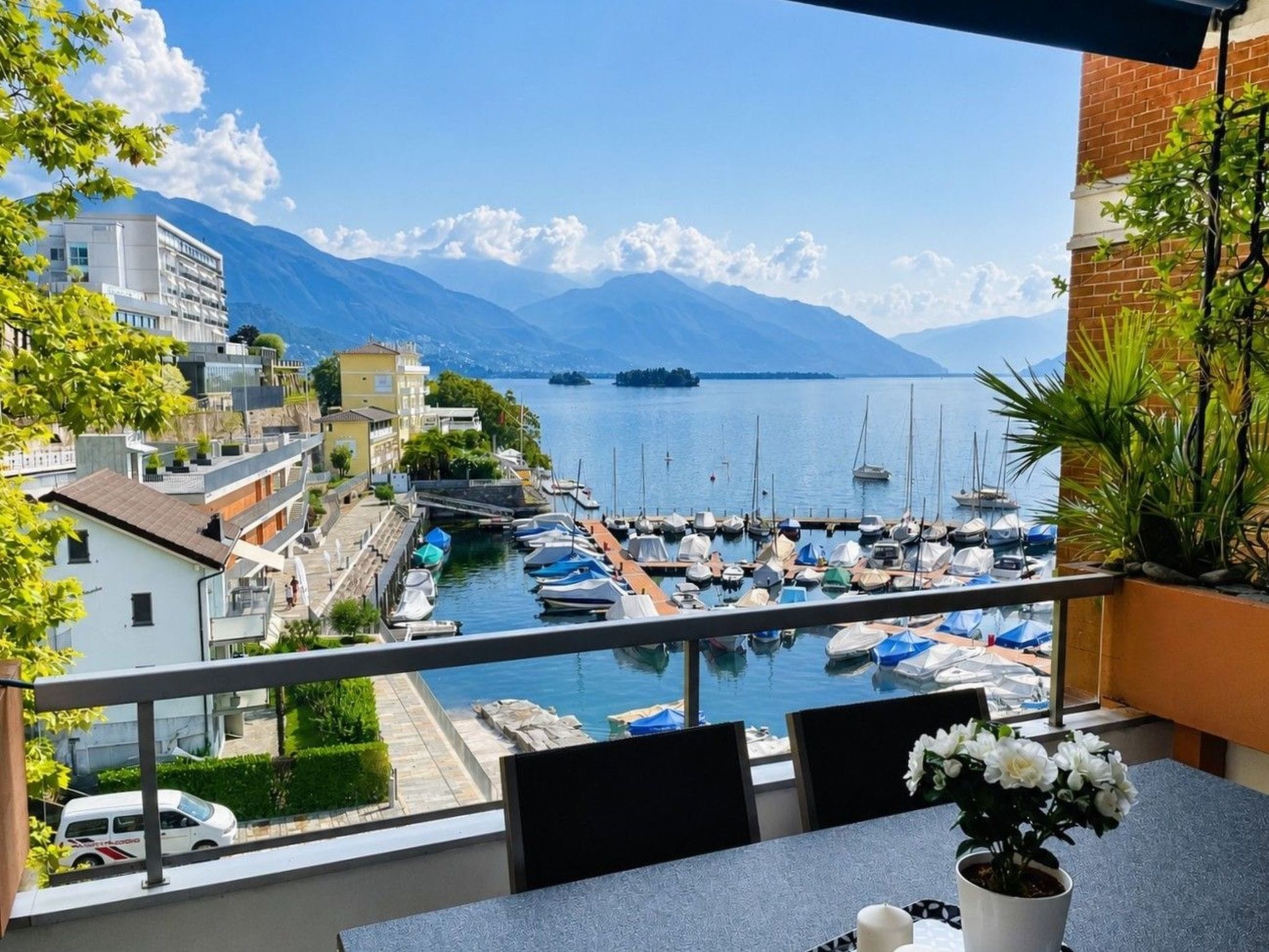 Een balkon met uitzicht op een jachthaven, boten en bergen in de verte.