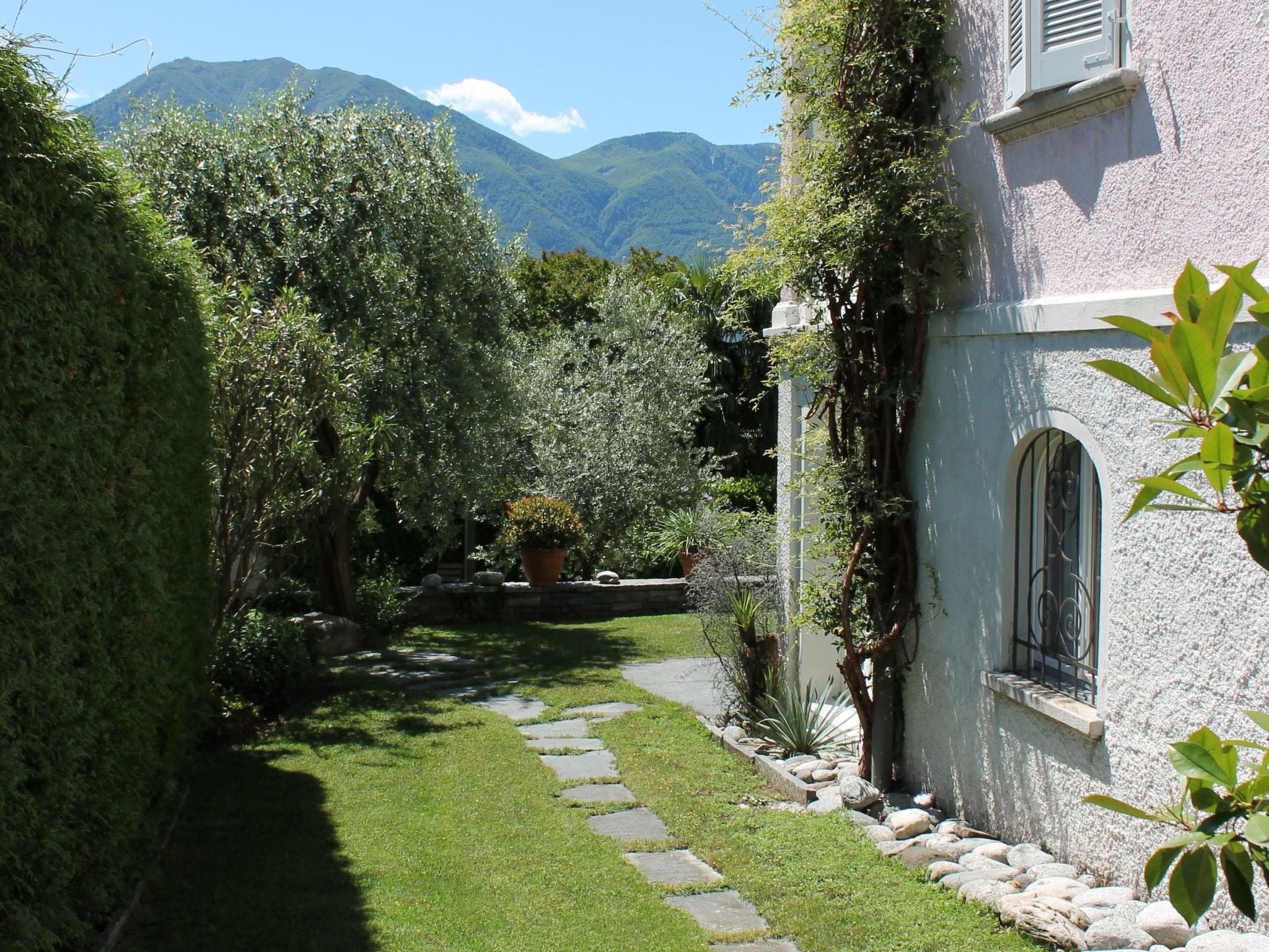 A garden with a stone pathway leading to a building with a window.