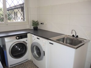 Ein kleiner Waschbereich mit Waschmaschine und Trockner, einem Waschbecken und einem Blumentopf.