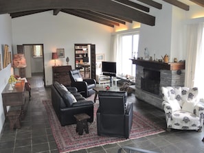 A living room with a fireplace, a sofa, a chair, a television, and a bookshelf. - La Civetta by Interhome (Brissago)