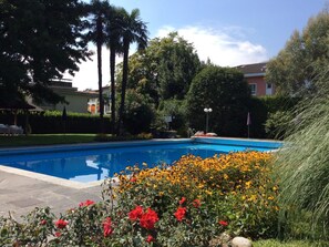 A swimming pool surrounded by lush greenery and flowers. - Residenza Sabrina App. 09 by Interhome (Ascona)