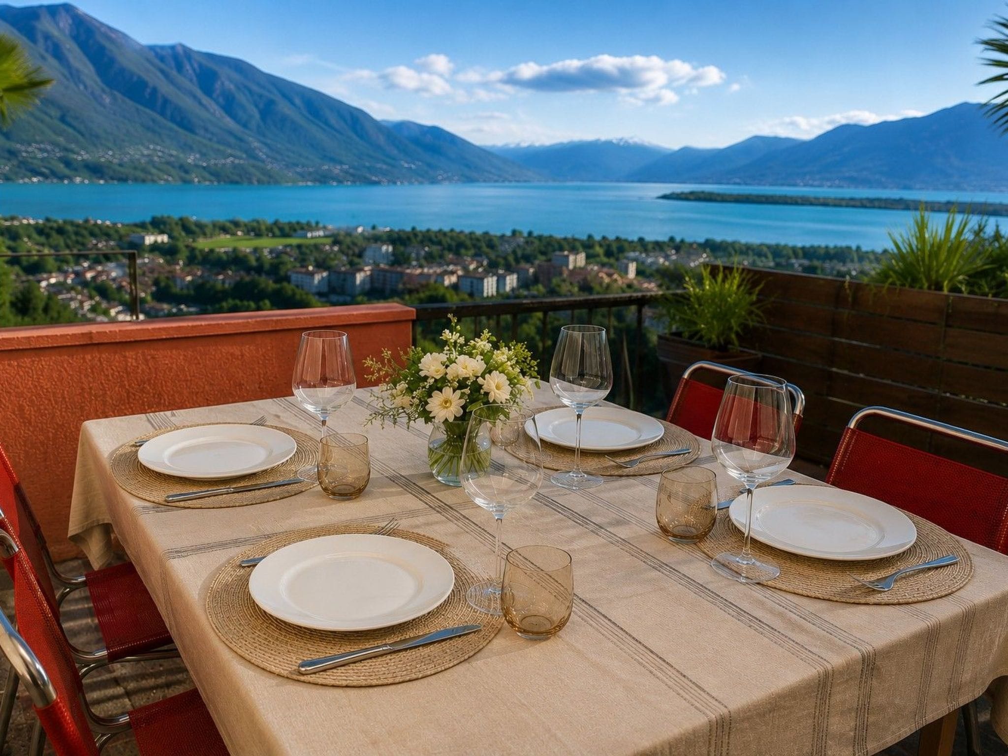 Een tafel voor vier met uitzicht op een meer en bergen.
