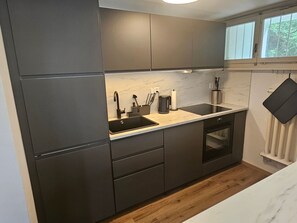 A modern kitchen with dark cabinetry, a sink, a coffee maker, and a built-in oven. - Casa Colombina & Studio by Interhome (Gordola)