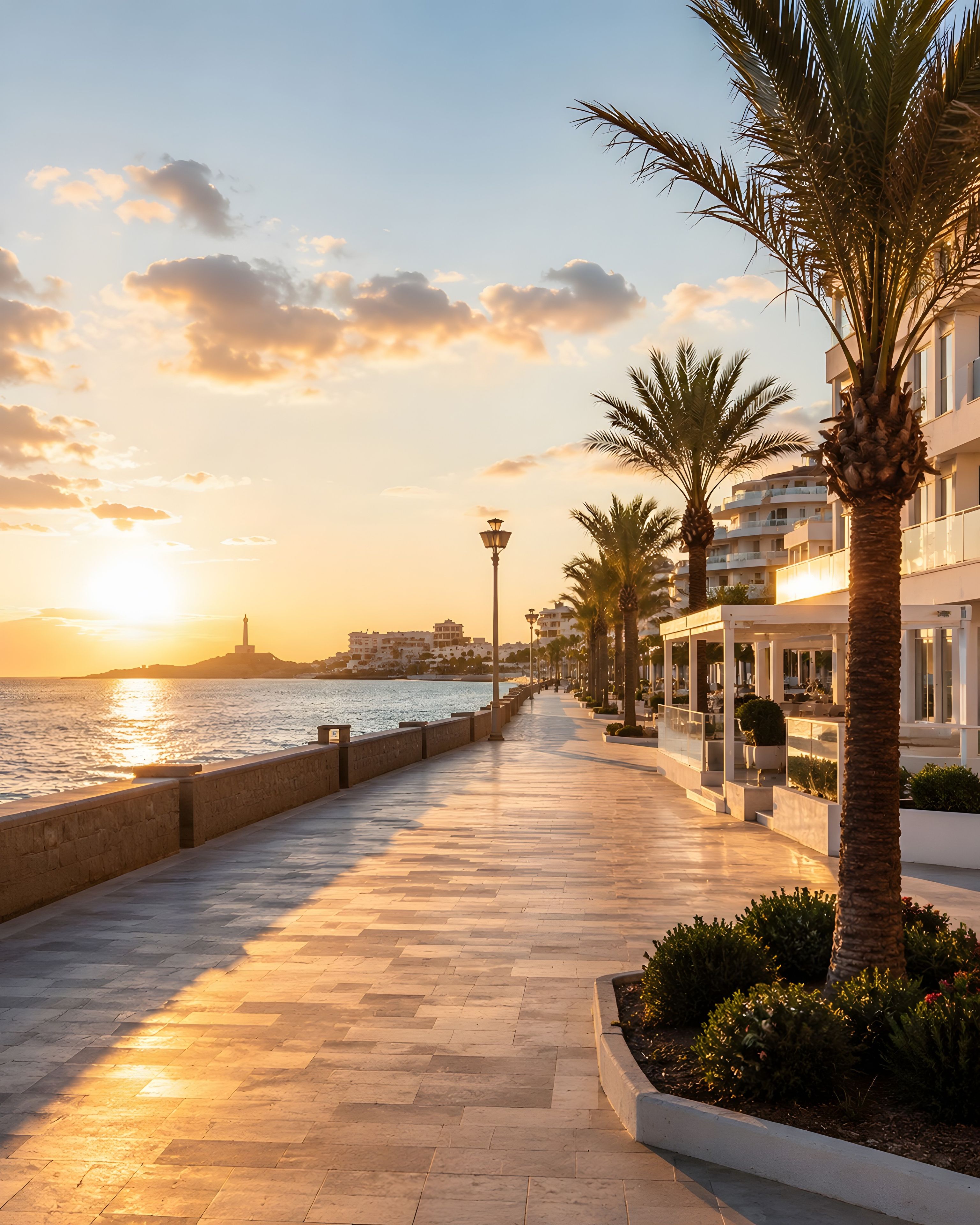 A waterfront promenade with a row of palm trees and a building with balconies.