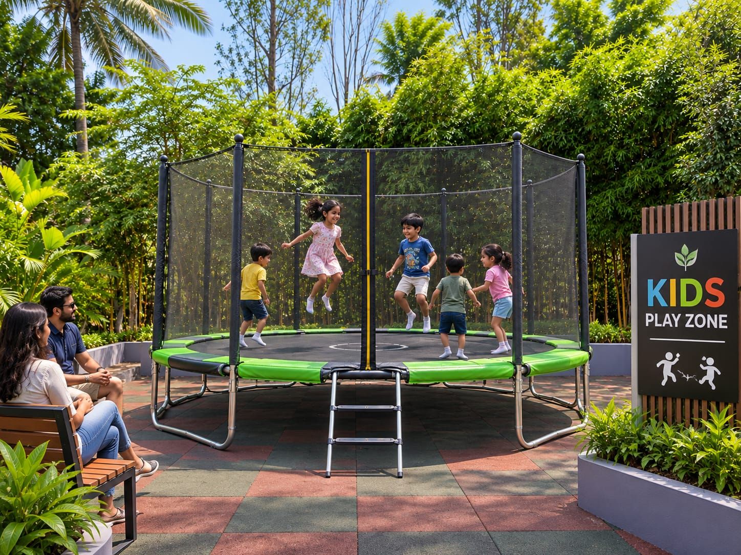 A trampoline play area surrounded by a safety net, with a sign indicating it's a 'KIDS PLAY ZONE.'