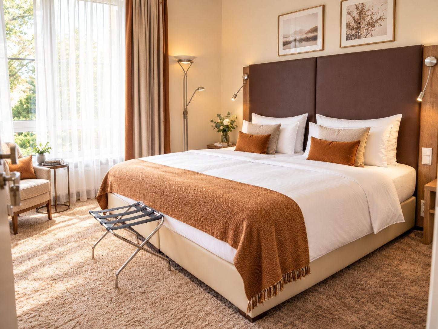 A hotel room with a large bed, a side table, a chair, a floor lamp, and a window with curtains.
