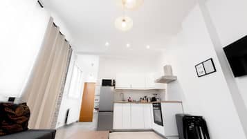 Un apartamento moderno con cocina, comedor y sala de estar.
