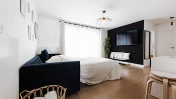 A modern bedroom with a bed, a dark sofa, a wicker chair, a bedside table, a TV, and a plant.