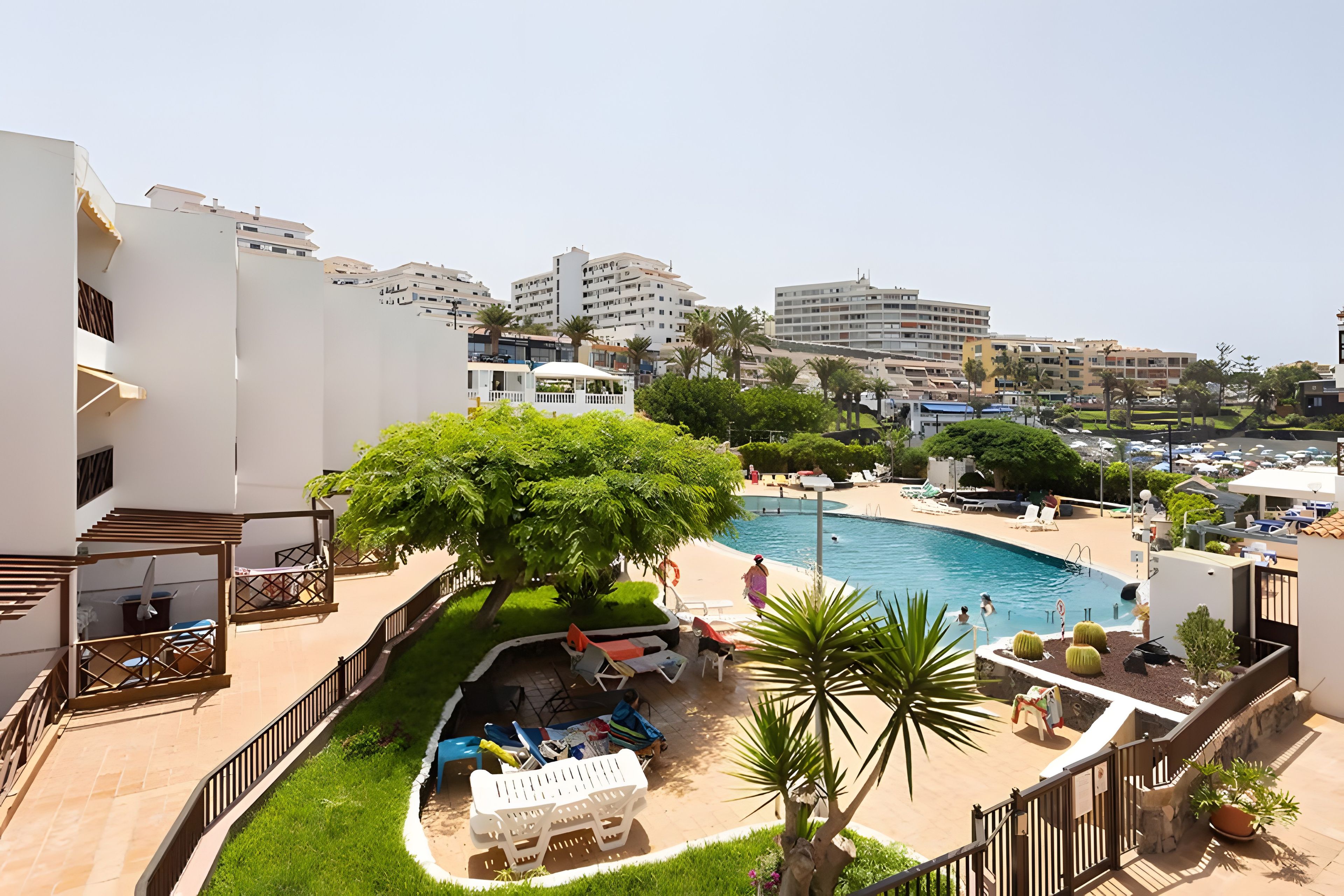 A pool area with lounge chairs, a tree, and a view of surrounding buildings.