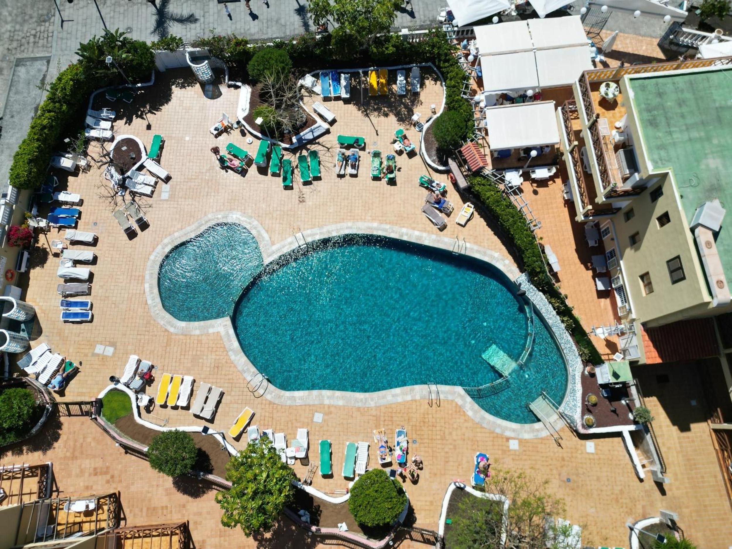 An aerial view of a swimming pool area with multiple lounge chairs and a small garden.