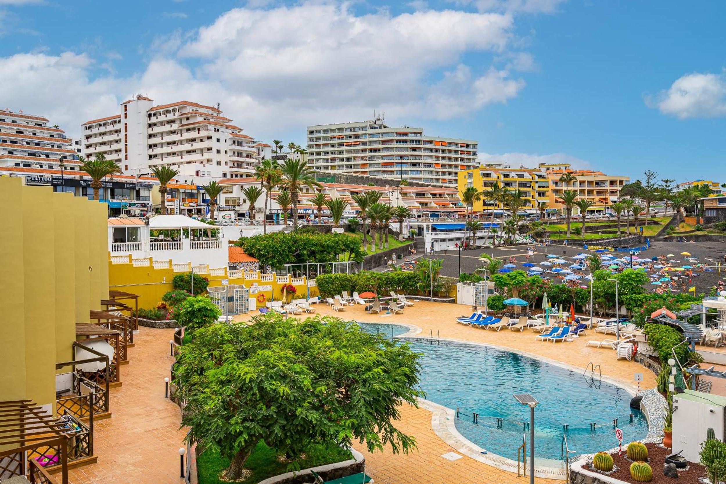 Et resort med swimmingpool, palmer og udsigt over byen.