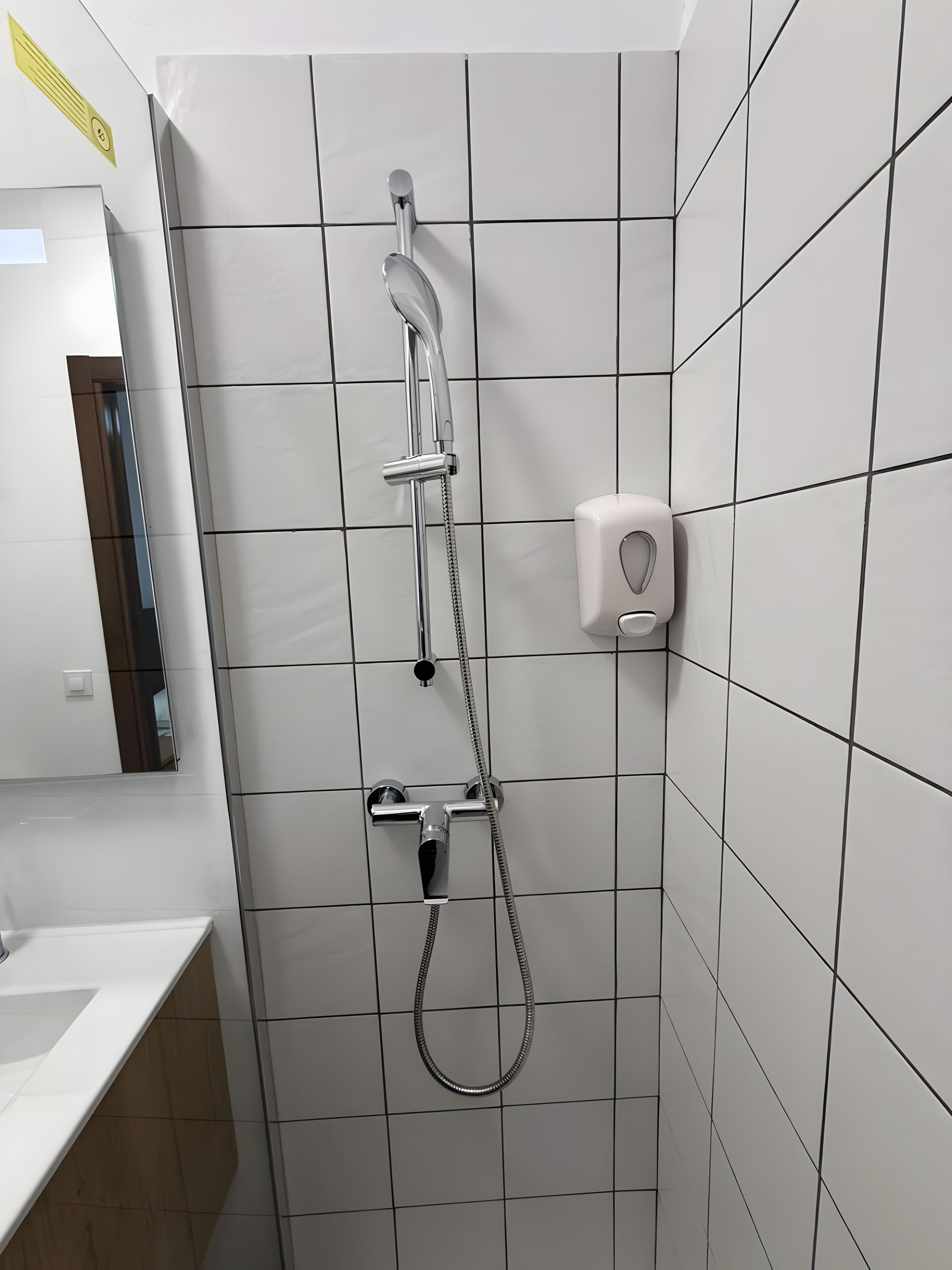 Een badkamer met een douche, een handdroger en een spiegel.
