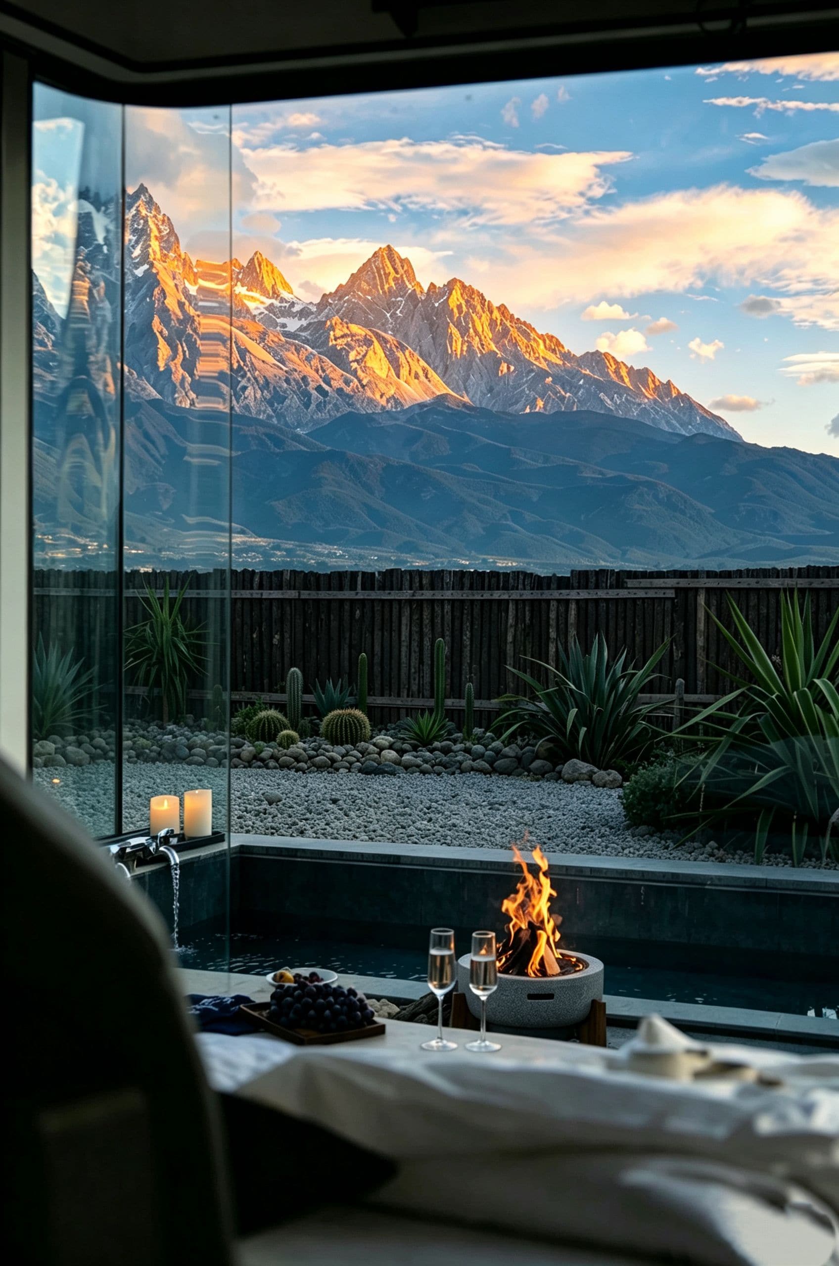 A room with a view of mountains, a fire pit, and a table with drinks and fruit.
