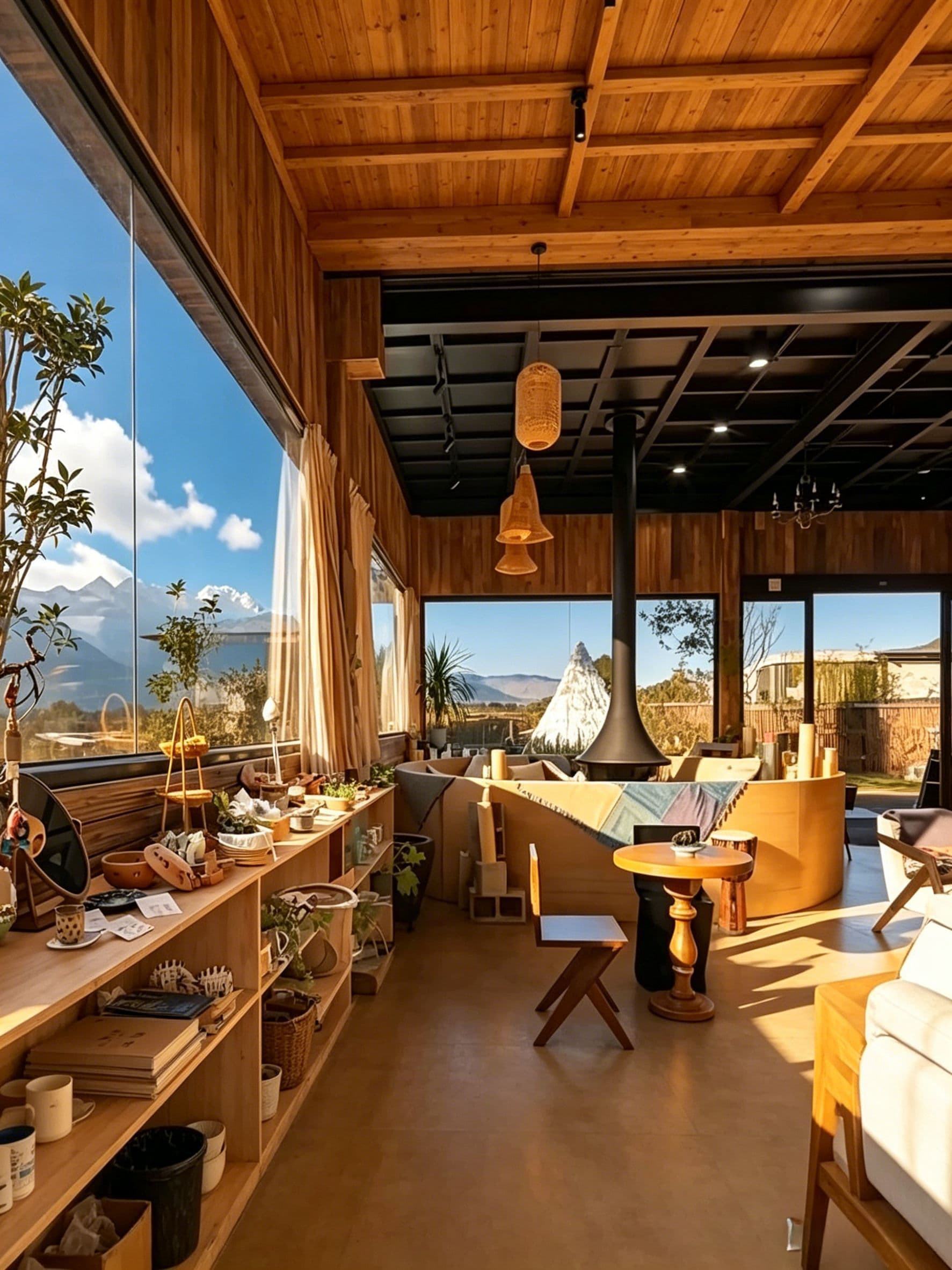 A spacious room with wooden ceiling beams, large windows offering a view of mountains, and a cozy seating area with a table and chairs.