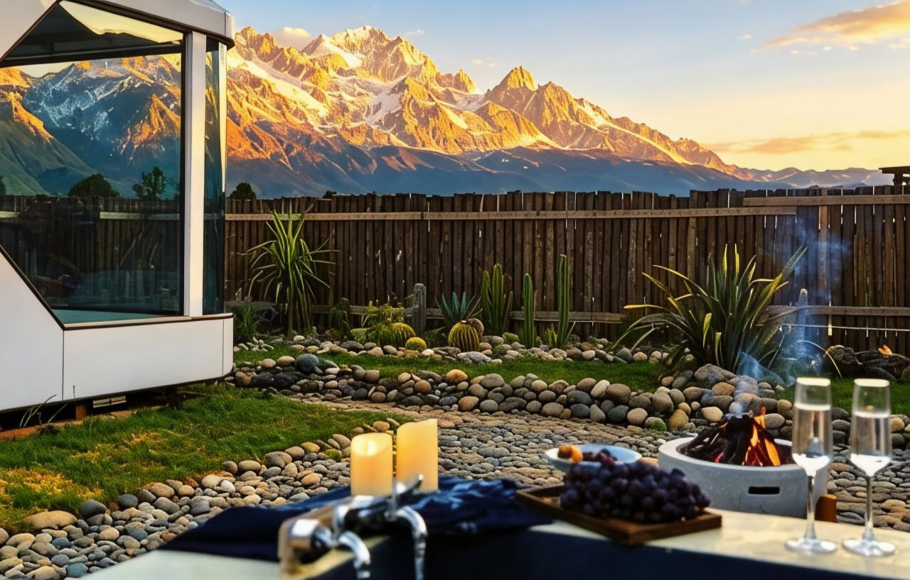 Een terras met een vuurkorf, kaarsen en een gedekte tafel, met uitzicht op een bergachtig landschap.