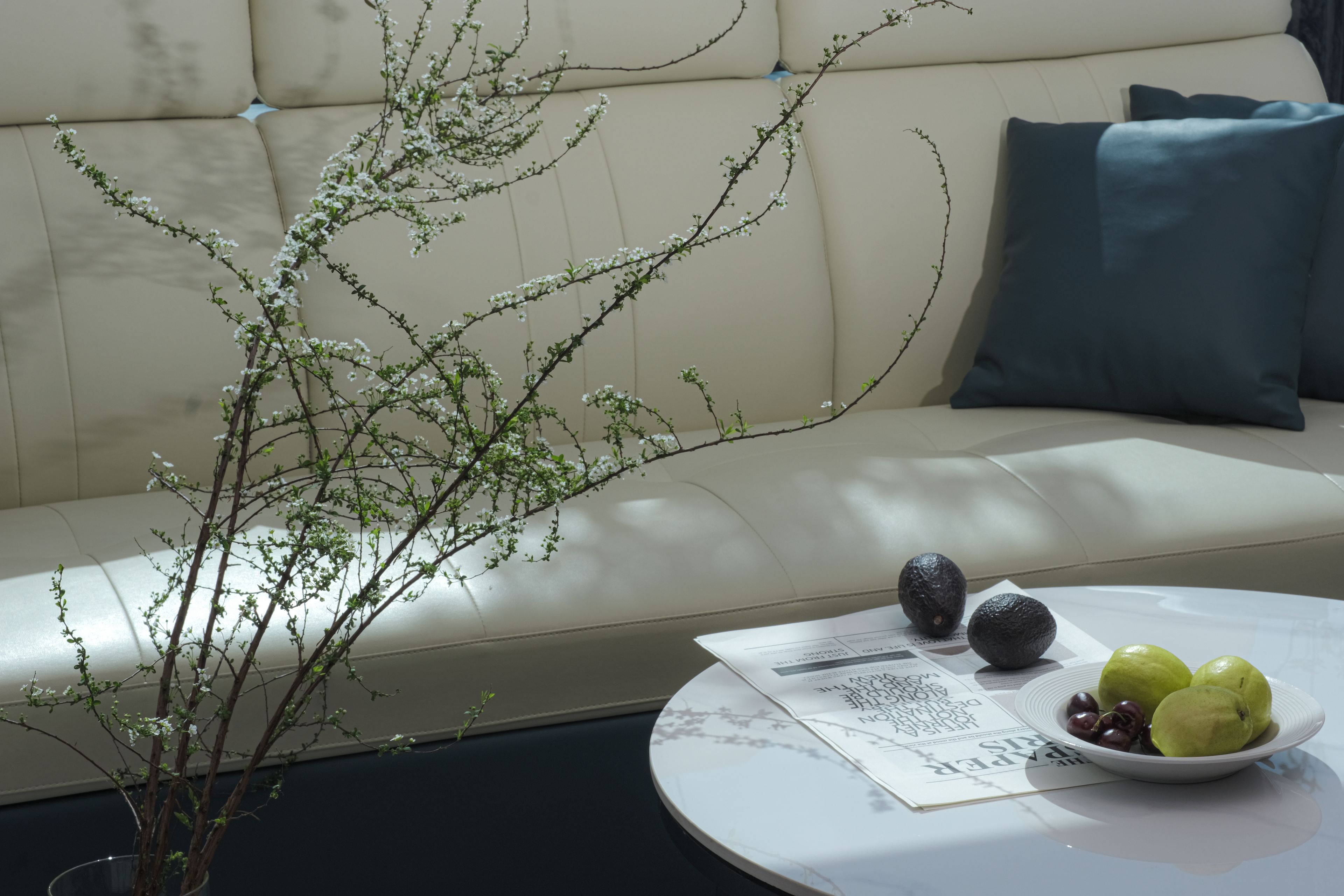 A modern living room with a sofa, a coffee table with fruits and avocados, and a vase with branches.
