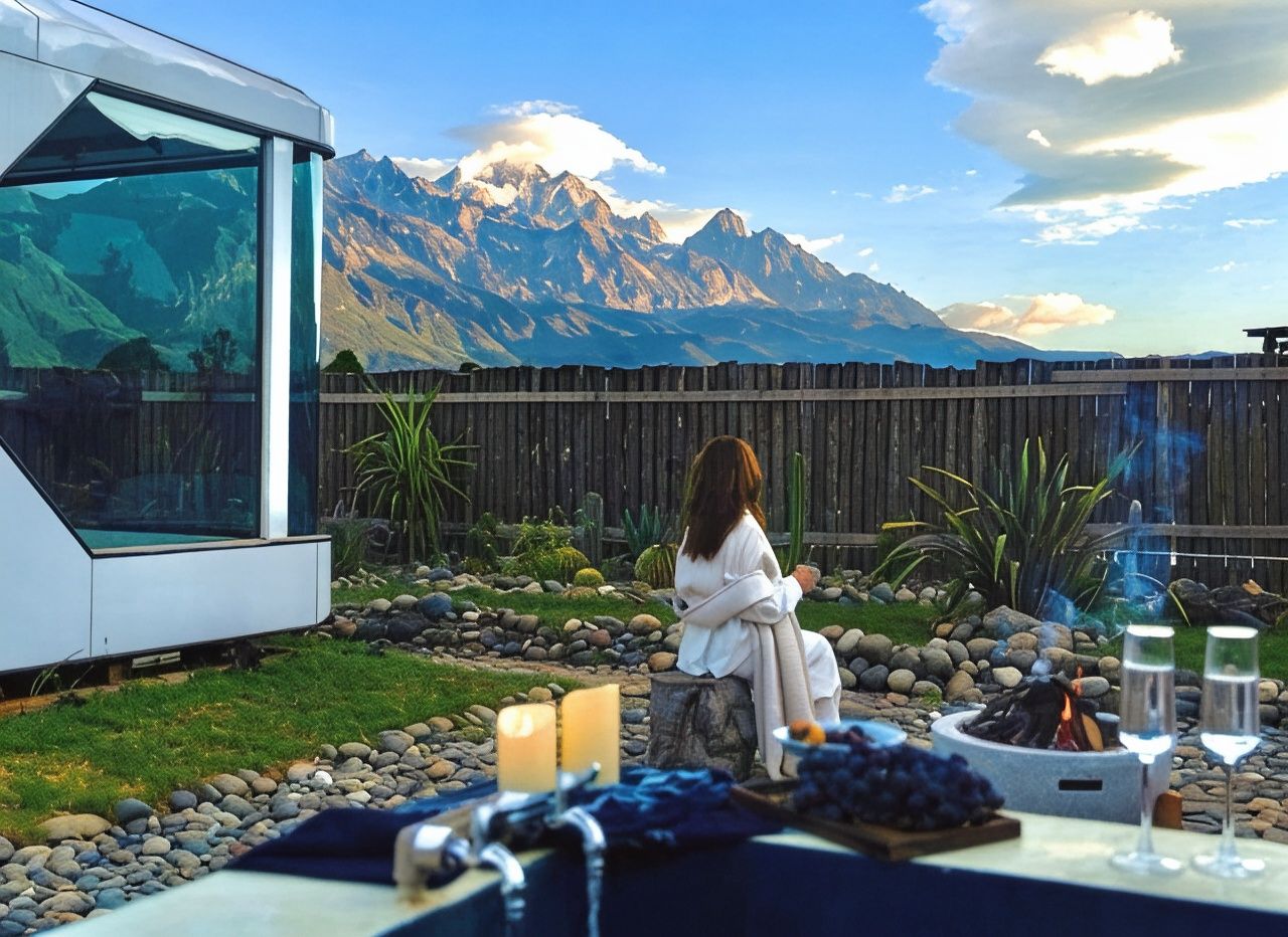 A person sitting by a table with candles and a fire pit, overlooking a mountainous landscape.