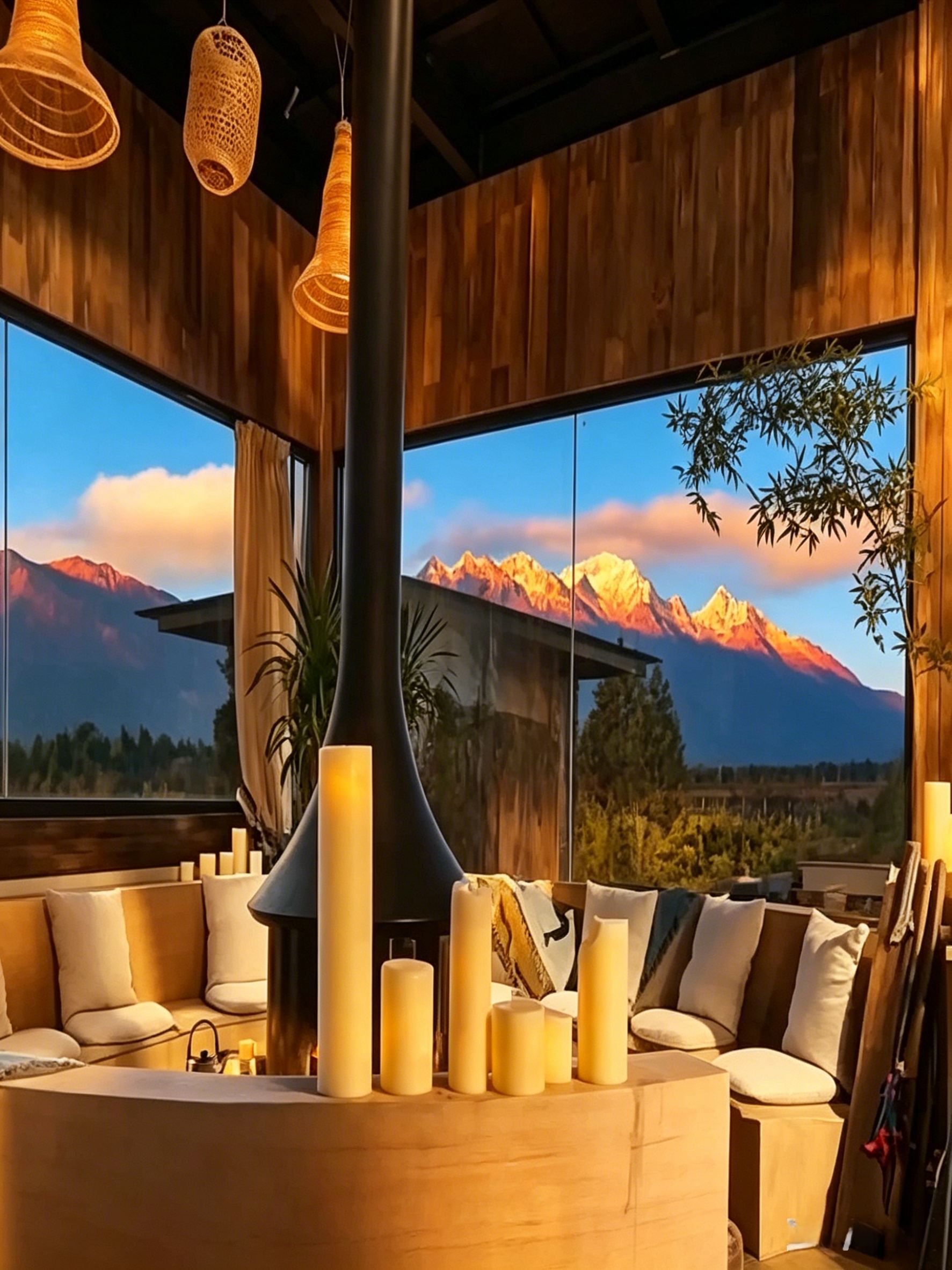 A modern interior with a sofa set, candles, and a large window with a mountain view.