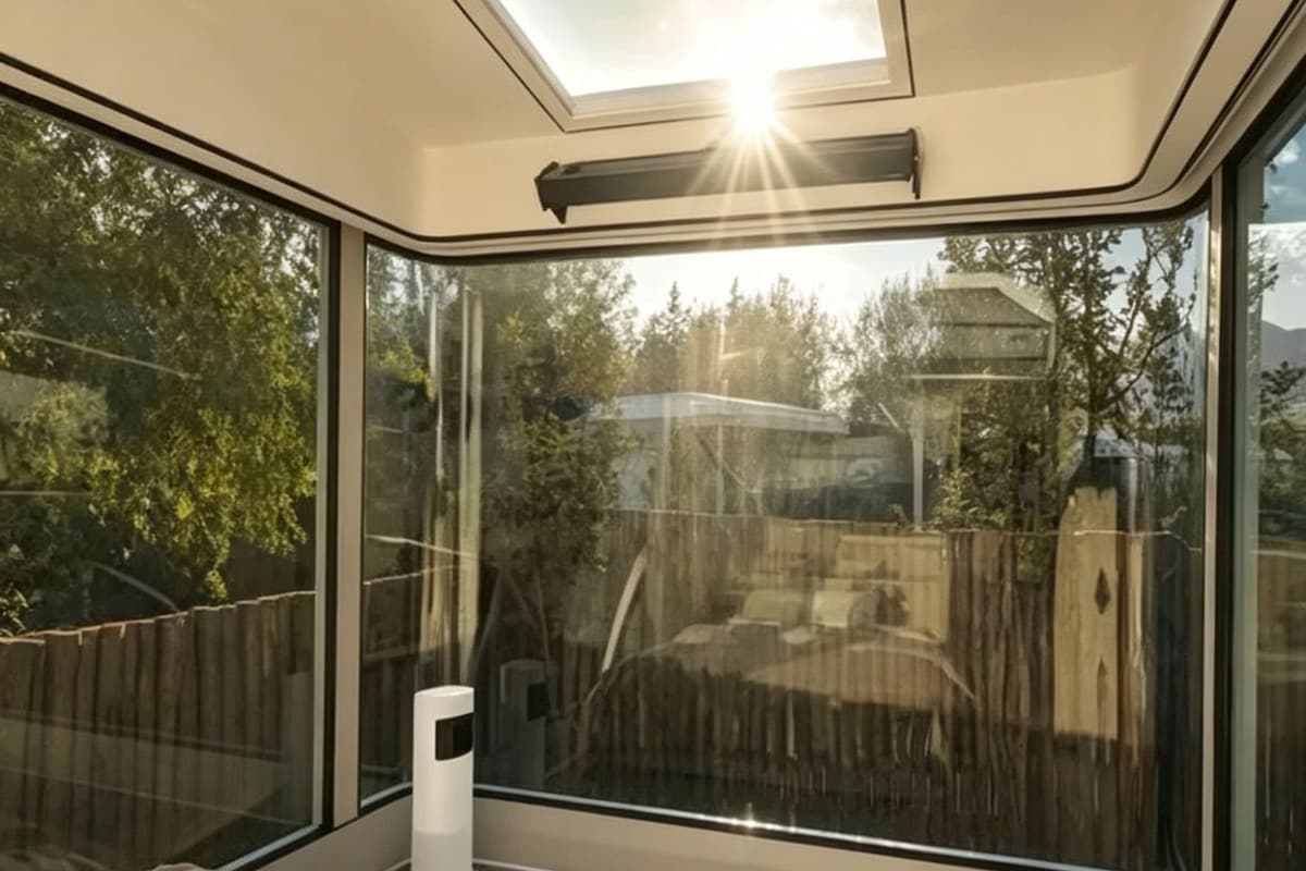 Een moderne slaapkamer met een groot bed, dakraam en uitzicht op de omgeving.