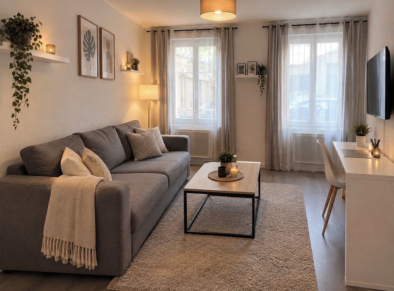 Una sala de estar moderna con un sofá, una mesa de centro y un televisor de pantalla plana.