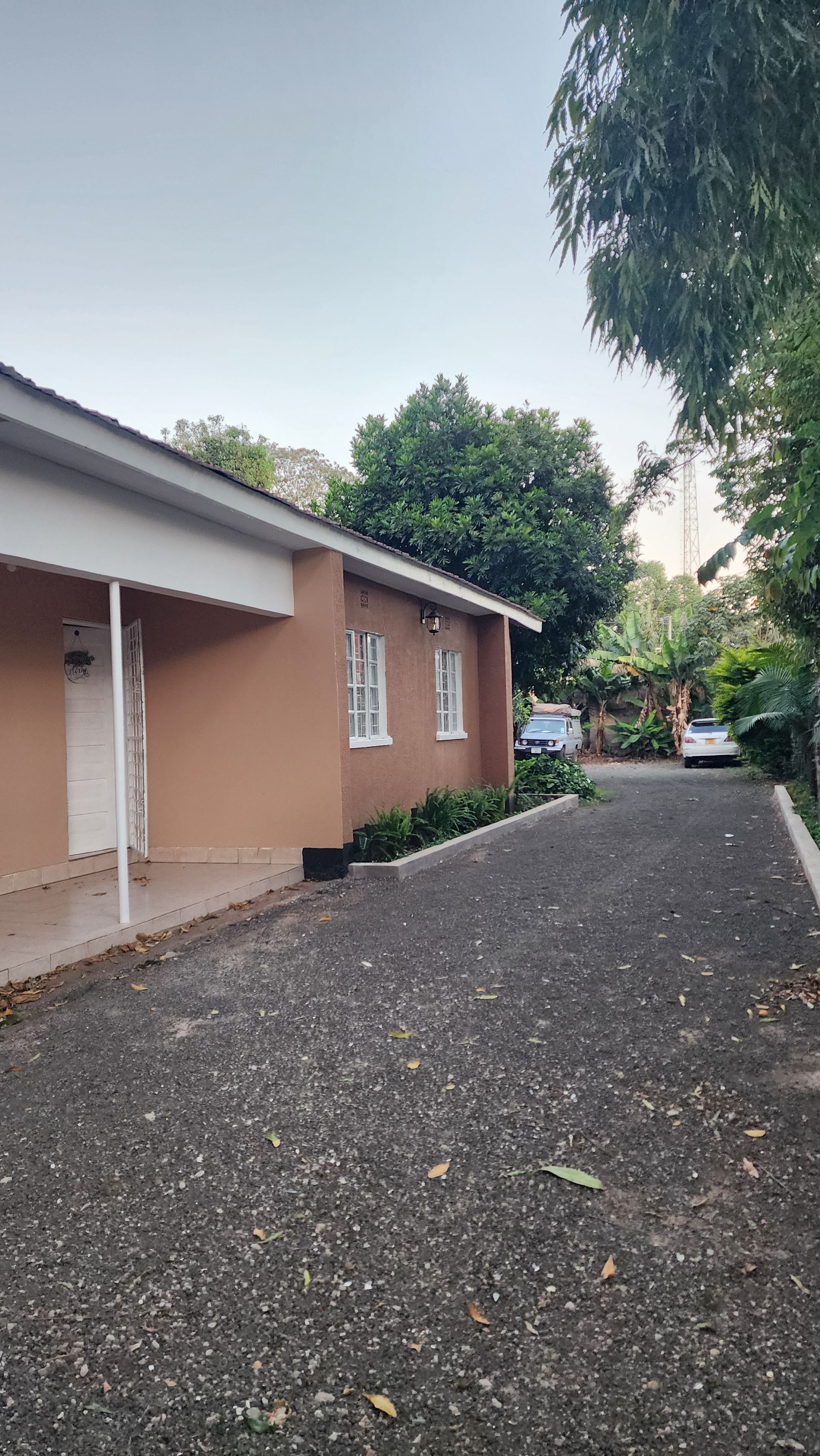 A building with a flat roof, a gated entrance, and a paved driveway.