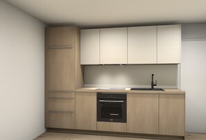 A compact kitchen with a built-in oven, a sink, and a cabinet with a handle. - Apartment 'Hawerländer Auszeit' with Private Terrace, Private Garden and Wi-Fi (Schmallenberg)